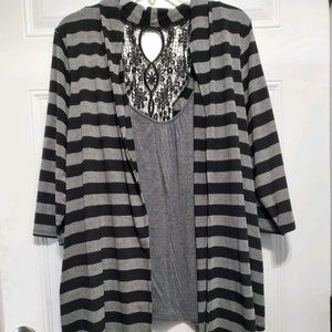 Deb Black & Gray Striped Cardigan with Lace Trim size 2XL